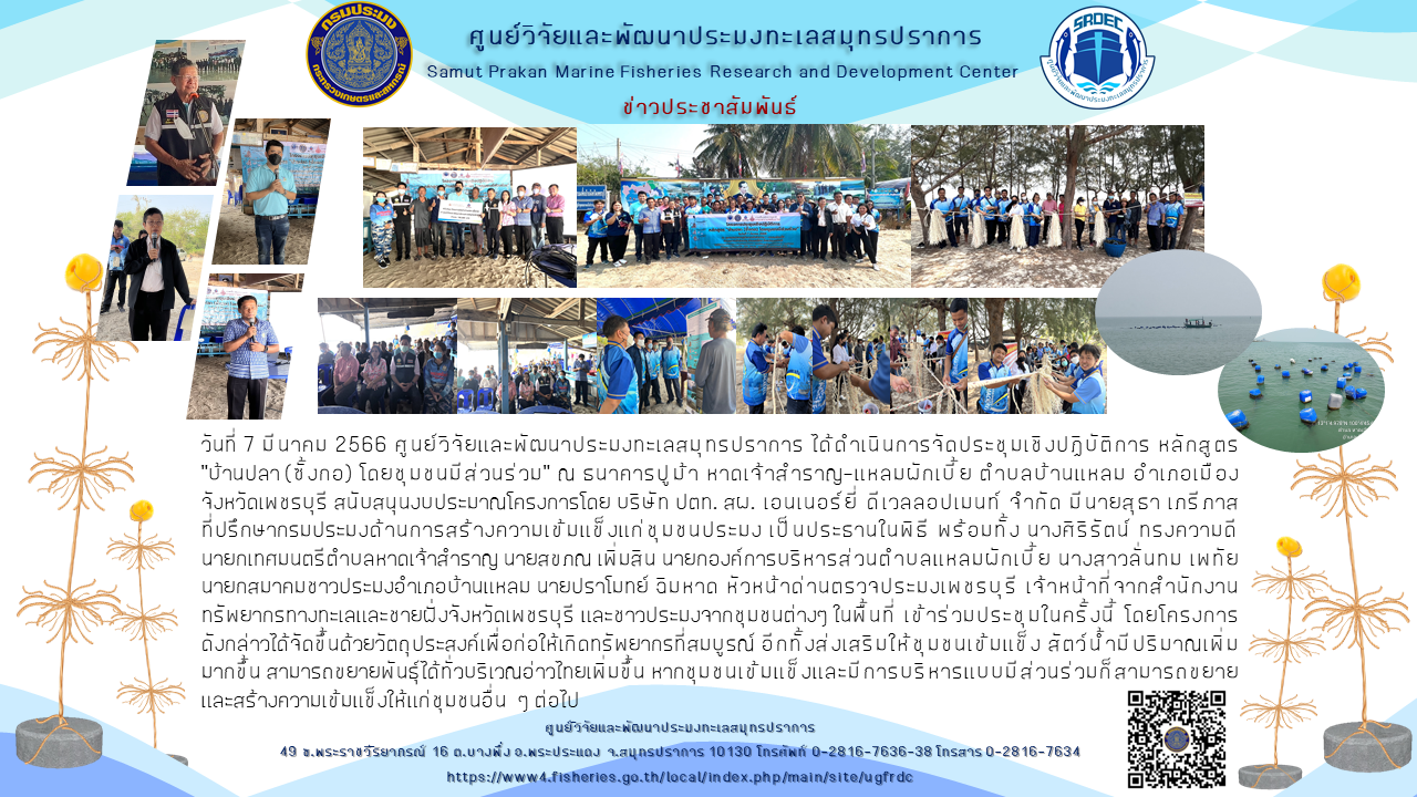 วันที่ 7 มีนาคม 2566 ศูนย์วิจัยและพัฒนาประมงทะเลสมุทรปราการ ได้ดำเนินการจัดประชุมเชิงปฏิบัติการ หลักสูตร “บ้านปลา (ซั้งกอ) โดยชุมชนมีส่วนร่วม” ณ ธนาคารปูม้า หาดเจ้าสำราญ-แหลมผักเบี้ย ตำบลบ้านแหลม อำเภอเมือง จังหวัดเพชรบุรี สนับสนุนงบประมาณโครงการโดย บริษัท ปตท. สผ. เอ็นเนอร์ยี่ ดีเวลลอปเมนท์ จำกัด มีนายสุธา เภรีภาส ที่ปรึกษากรมประมงด้านการสร้างความเข้มแข็งแก่ชุมชนประมง เป็นประธานในพิธี พร้อมทั้ง นางศิริรัตน์ ทรงความดี นายกเทศมนตรีตำบลหาดเจ้าสำราญ นายสขภณ เพิ่มสิน นายกองค์การบริหารส่วนตำบลแหลมผักเบี้ย นางสาวลั่นทม เพทัย นายกสมาคมชาวประมงอำเภอบ้านแหลม นายปราโมทย์ ฉิมหาด หัวหน้าด่านตรวจประมงเพชรบุรี..คลิก