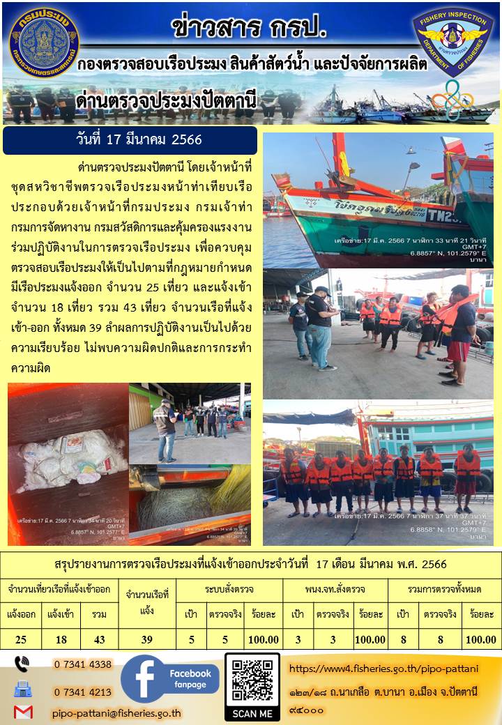 ข่าวสารการปฏิบัติงาน ด่านตรวจประมงปัตตานี วันที่ 17 มีนาคม 2566