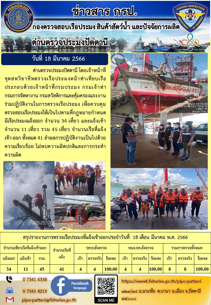 ข่าวสารการปฏิบัติงาน ด่านตรวจประมงปัตตานี วันที่ 18 มีนาคม 2566
