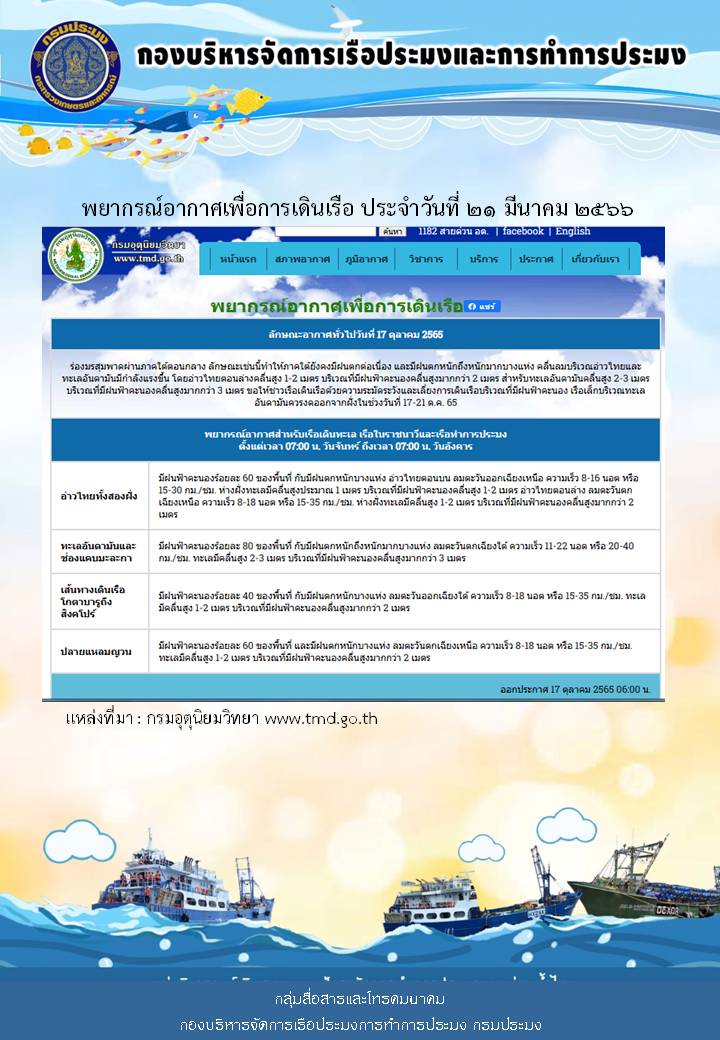 พยากรณ์อากาศเพื่อการเดินเรือ ประจำวันที่ 21 มีนาคม 2566..คลิก