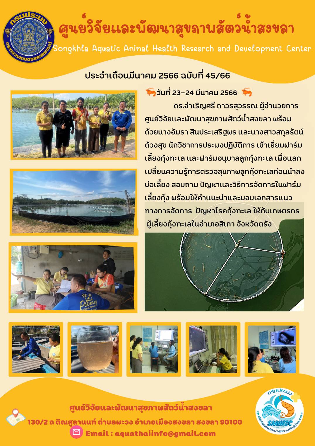 ฉบับที่ 45/66  ศูนย์วิจัยและพัฒนาสุขภาพสัตว์น้ำสงขลา เข้าเยี่ยมฟาร์ม เลี้ยงกุ้งทะเล และฟาร์มอนุบาลลูกกุ้งทะเล เพื่อแลก เปลี่ยนความรู้การตรวจสุขภาพลูกกุ้งทะเลก่อนนำลง บ่อเลี้ยง..คลิก