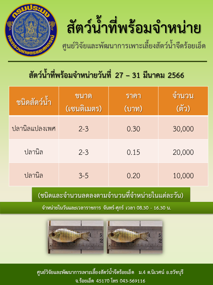 สัตว์น้ำที่พร้อมจำหน่ายวันที่ 27 – 31 มีนาคม 2566..คลิก