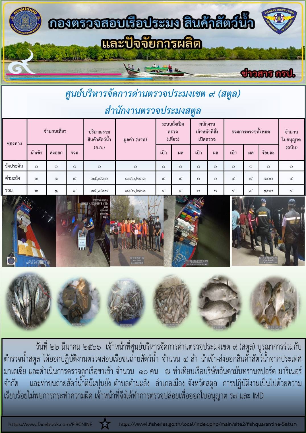 ประชาสัมพันธ์การปฏิบัติงานศูนย์บริหารจัดการด่านตรวจประมงเขต 9 (สตูล) ประจำวันที่ 21-25 มีนาคม 2566..คลิก