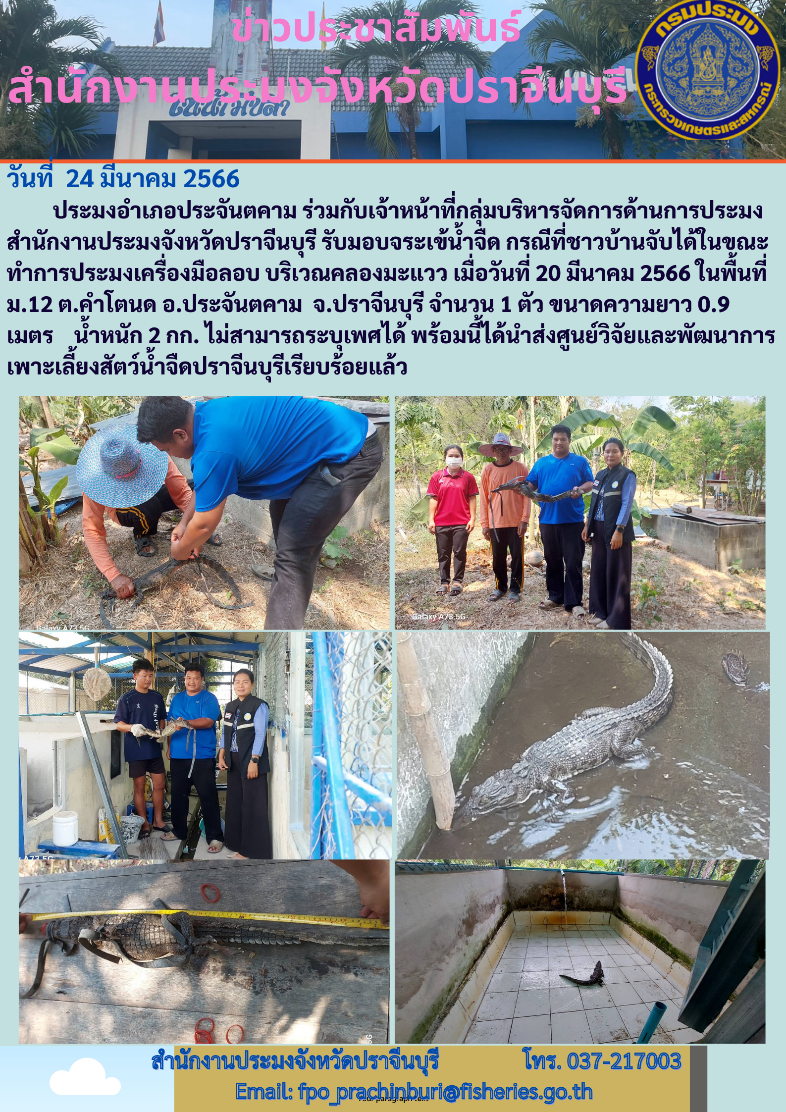 ข่าวประชาสัมพันธ์ รับมอบจระเข้น้ำจืด บริเวณคลองมะแวว..คลิก