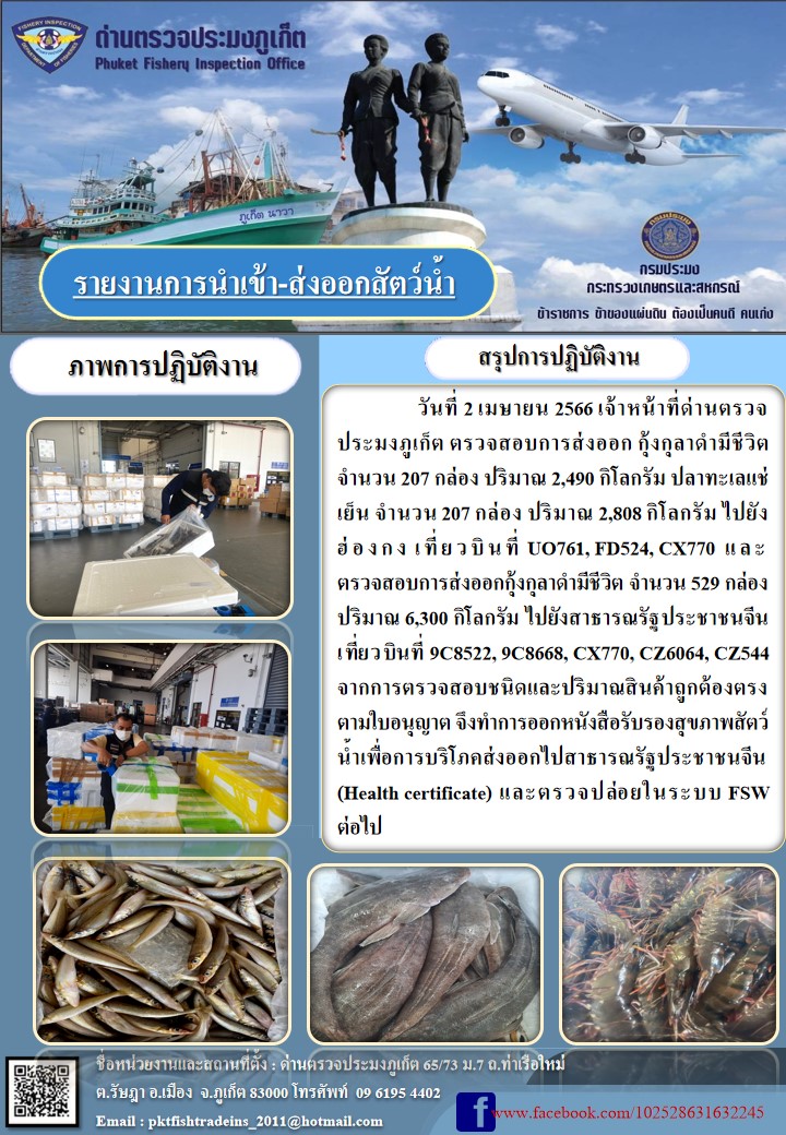 วันที่ 2 เมษายน 2566 เจ้าหน้าที่ด่านตรวจประมงภูเก็ต ตรวจสอบการส่งออกกุ้งกุลาดำมีชีวิต จำนวน 207 กล่อง ปริมาณ 2,490 กิโลกรัม ปลาทะเลแช่เย็น จำนวน 207 กล่อง ปริมาณ 2,808 กิโลกรัม ไปยังฮ่องกง เที่ยวบินที่ UO761, FD524, CX770 และตรวจสอบการส่งออกกุ้งกุลาดำมีชีวิต จำนวน 529 กล่อง ปริมาณ 6,300 กิโลกรัม ไปยังสาธารณรัฐประชาชนจีน เที่ยวบินที่ 9C8522, 9C8668, CX770, CZ6064, CZ544 จากการตรวจสอบชนิดและปริมาณสินค้าถูกต้องตามใบอนุญาต จึงทำการออกหนังสือรับรองสุขภาพสัตว์น้ำเพื่อการบริโภคส่งออกไปสาธารณรัฐประชาชนจีน (Health certificate) และตรวจปล่อยในระบบ FSW ต่อไป..คลิก
