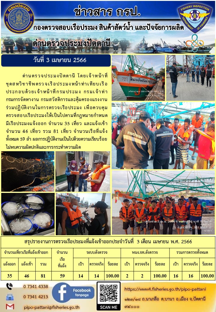 ข่าวสารการปฏิบัติงาน ด่านตรวจประมงปัตตานี วันที่ 3 เมษายน 2566..คลิก