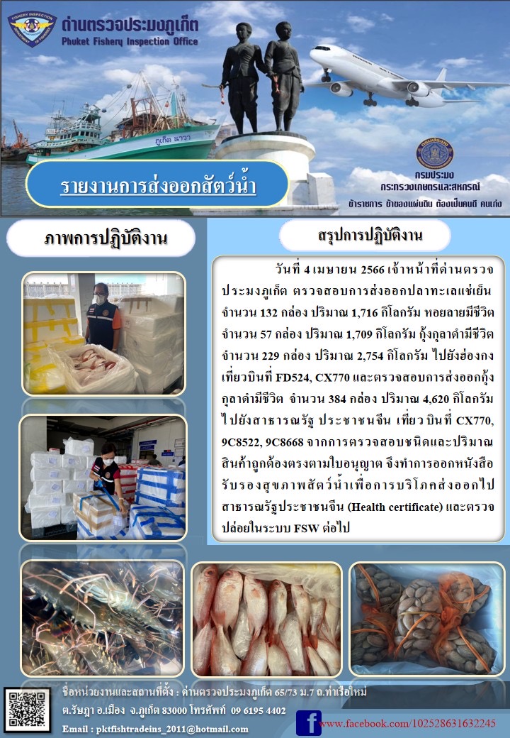 วันที่ 4 เมษายน 2566 เจ้าหน้าที่ด่านตรวจประมงภูเก็ต ตรวจสอบการส่งออกปลาทะเลแช่เย็น จำนวน 132 กล่อง ปริมาณ 1,716 กิโลกรัม หอยลายมีชีวิต จำนวน 57 กล่อง ปริมาณ 1,709 กิโลกรัม กุ้งกุลาดำมีชีวิต จำนวน 229 กล่อง ปริมาณ 2,754 กิโลกรัม ไปยังฮ่องกง เที่ยวบินที่ FD524, CX770 และตรวจสอบการส่งออกกุ้งกุลาดำมีชีวิต จำนวน 384 กล่อง ปริมาณ 4,620 กิโลกรัม ไปยังสาธารณรัฐประชาชนจีน เที่ยวบินที่ CX770, 9C8522, 9C8668 จากการตรวจสอบชนิดและปริมาณสินค้าถูกต้องตามใบอนุญาต จึงทำการออกหนังสือรับรองสุขภาพสัตว์น้ำเพื่อการบริโภคส่งออกไปสาธารณรัฐประชาชนจีน (Health certificate) และตรวจปล่อยในระบบ FSW ต่อไป..คลิก