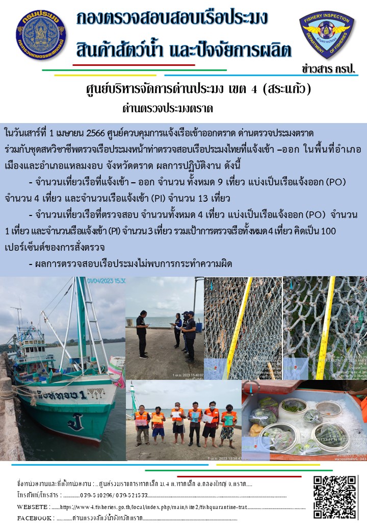 ผลการปฏิบัติงานประจำวันที่ 1 เมษายน 2566..คลิก