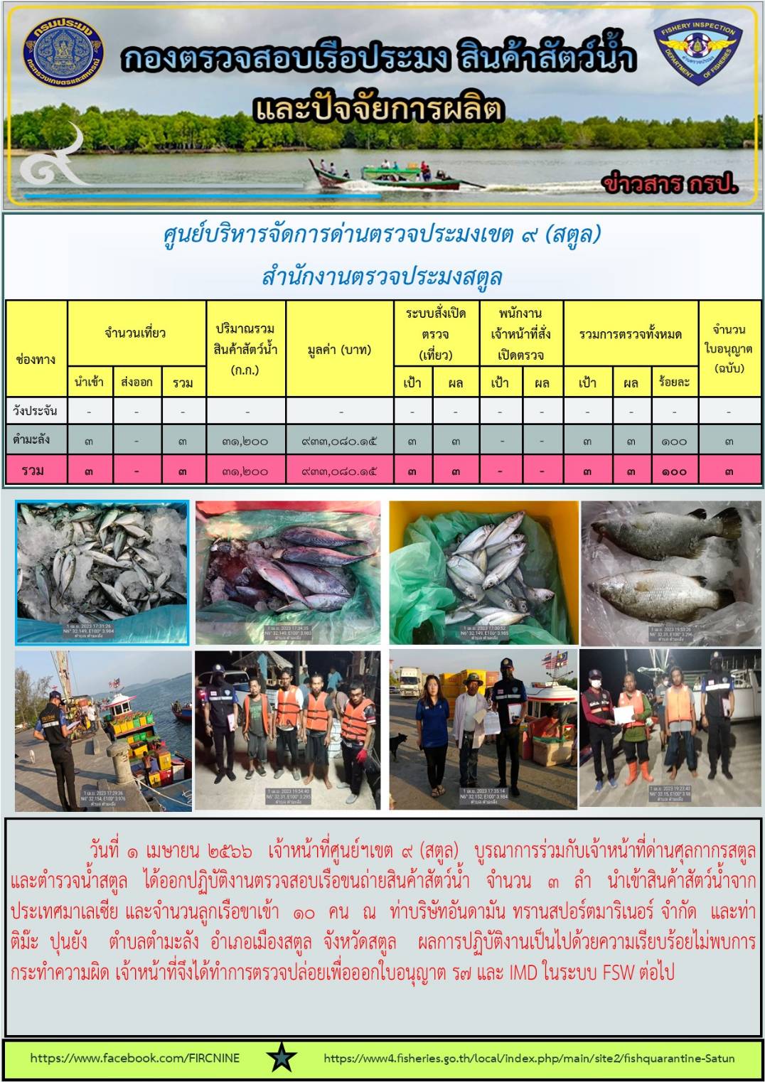 ประชาสัมพันธ์การปฏิบัติงานศูนย์บริหารจัดการด่านตรวจประมงเขต 9 (สตูล) ประจำวันที่ 1-5 เมษายน 2566..คลิก