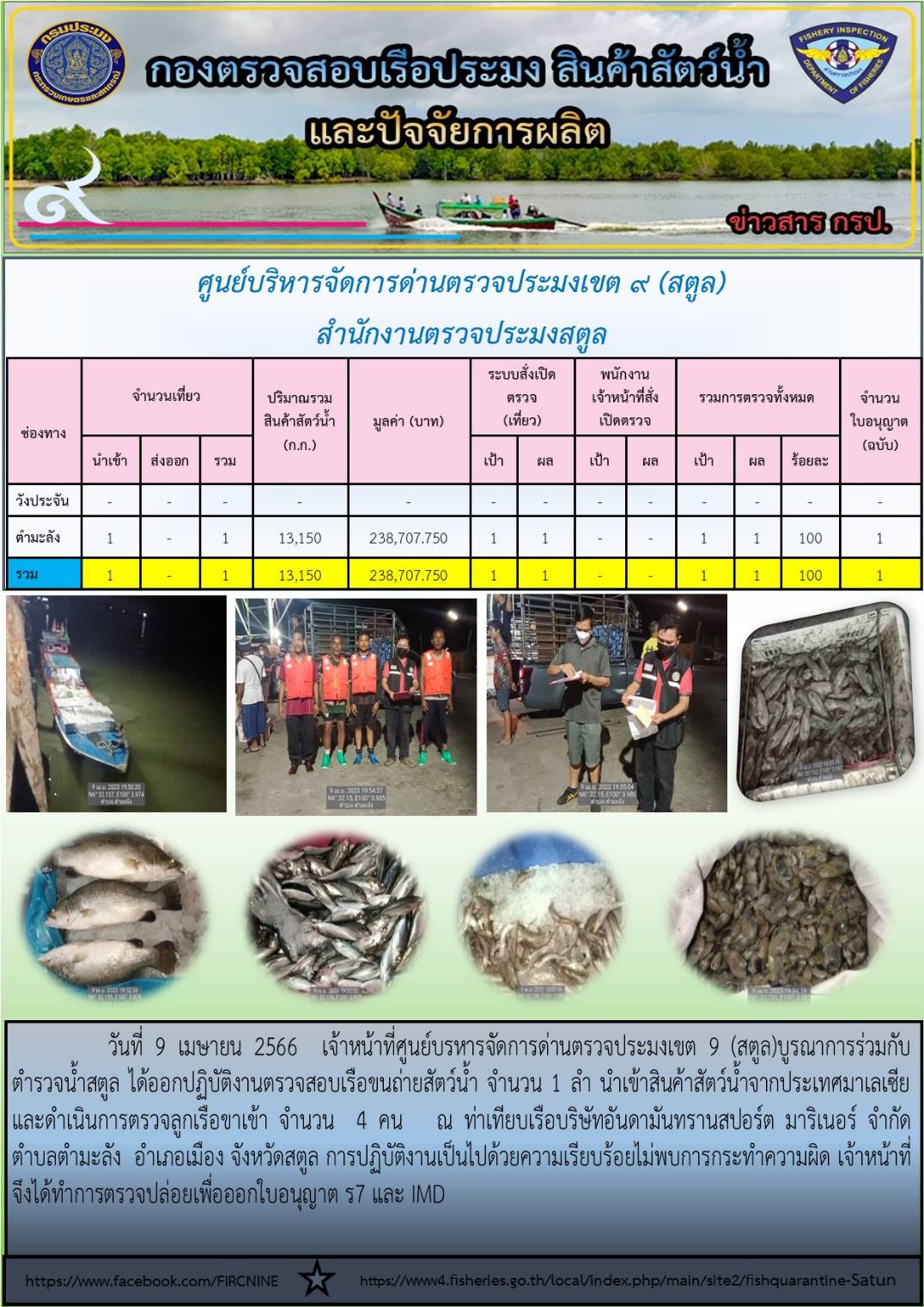 ประชาสัมพันธ์การปฏิบัติงานศูนย์บริหารจัดการด่านตรวจประมงเขต 9 (สตูล) ประจำวันที่ 6-10 เมษายน 2566