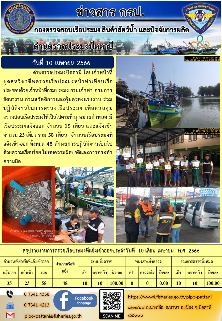 ข่าวสารการปฏิบัติงาน ด่านตรวจประมงปัตตานี วันที่ 10 เมษายน 2566
