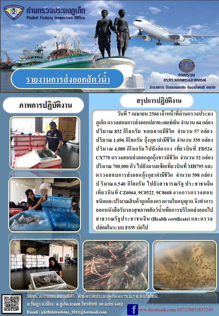 วันที่ 7 เมษายน 2566 เจ้าหน้าที่ด่านตรวจประมงภูเก็ต ตรวจสอบการส่งออกปลาทะเลแช่เย็น จำนวน 64 กล่อง ปริมาณ 832 กิโลกรัม หอยลายมีชีวิต จำนวน 57 กล่อง ปริมาณ 1,696 กิโลกรัม กุ้งกุลาดำมีชีวิต จำนวน 339 กล่อง ปริมาณ 4,080 กิโลกรัม ไปยังฮ่องกง เที่ยวบินที่ FD524, CX770 ตรวจสอบการส่งออกลูกกุ้งขาวชีวิต จำนวน 52 กล่อง ปริมาณ 700,000 ตัว ไปยังมาเลเซีย เที่ยวบินที่ MH795 และตรวจสอบการส่งออกกุ้งกุลาดำมีชีวิต จำนวน 598 กล่อง ปริมาณ 6,540 กิโลกรัม ไปยังสาธารณรัฐประชาชนจีน เที่ยวบินที่ CZ6064, 9C8522, 9C8668 จากการตรวจสอบชนิดและปริมาณสินค้าถูกต้องตามใบอนุญาต จึงทำการออกหนังสือรับรองสุขภาพสัตว์น้ำเพื่อการบริโภคส่งออกไปสาธารณรัฐประชาชนจีน (Health certificate) และตรวจปล่อยในระบบ FSW ต่อไป..คลิก