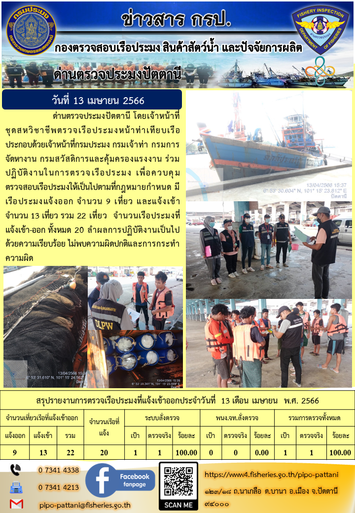 ข่าวสารการปฏิบัติงาน ด่านตรวจประมงปัตตานี วันที่ 13 เมษายน 2566..คลิก