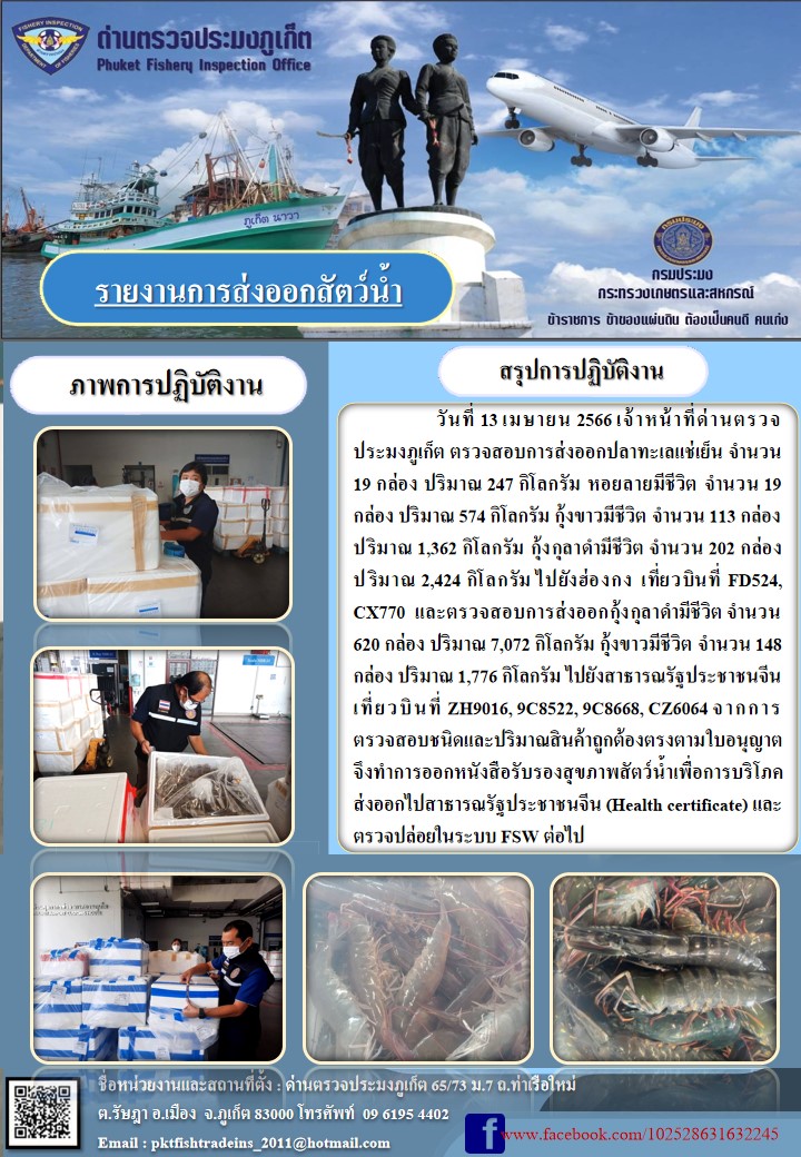 วันที่ 13 เมษายน 2566 เจ้าหน้าที่ด่านตรวจประมงภูเก็ต ตรวจสอบการส่งออกปลาทะเลแช่เย็น จำนวน 19 กล่อง ปริมาณ 247 กิโลกรัม หอยลายมีชีวิต จำนวน 19 กล่อง ปริมาณ 574 กิโลกรัม กุ้งขาวมีชีวิต จำนวน 113 กล่อง ปริมาณ 1,362 กิโลกรัม กุ้งกุลาดำมีชีวิต จำนวน 202 กล่อง ปริมาณ 2,424 กิโลกรัม ไปยังฮ่องกง เที่ยวบินที่ FD524, CX770 และตรวจสอบการส่งออกกุ้งกุลาดำชีวิต จำนวน 620  กล่อง ปริมาณ 7,072 กิโลกรัม กุ้งขาวมีชีวิต จำนวน 148 กล่อง ปริมาณ 1,776 กิโลกรัม ไปยังสาธารณรัฐประชาชนจีน เที่ยวบินที่ ZH9016, 9C8522, 9C8668, CZ6064 จากการตรวจสอบชนิดและปริมาณสินค้าถูกต้องตามใบอนุญาต จึงทำการออกหนังสือรับรองสุขภาพสัตว์น้ำเพื่อการบริโภคส่งออกไปสาธารณรัฐประชาชนจีน (Health certificate) และตรวจปล่อยในระบบ FSW ต่อไป..คลิก