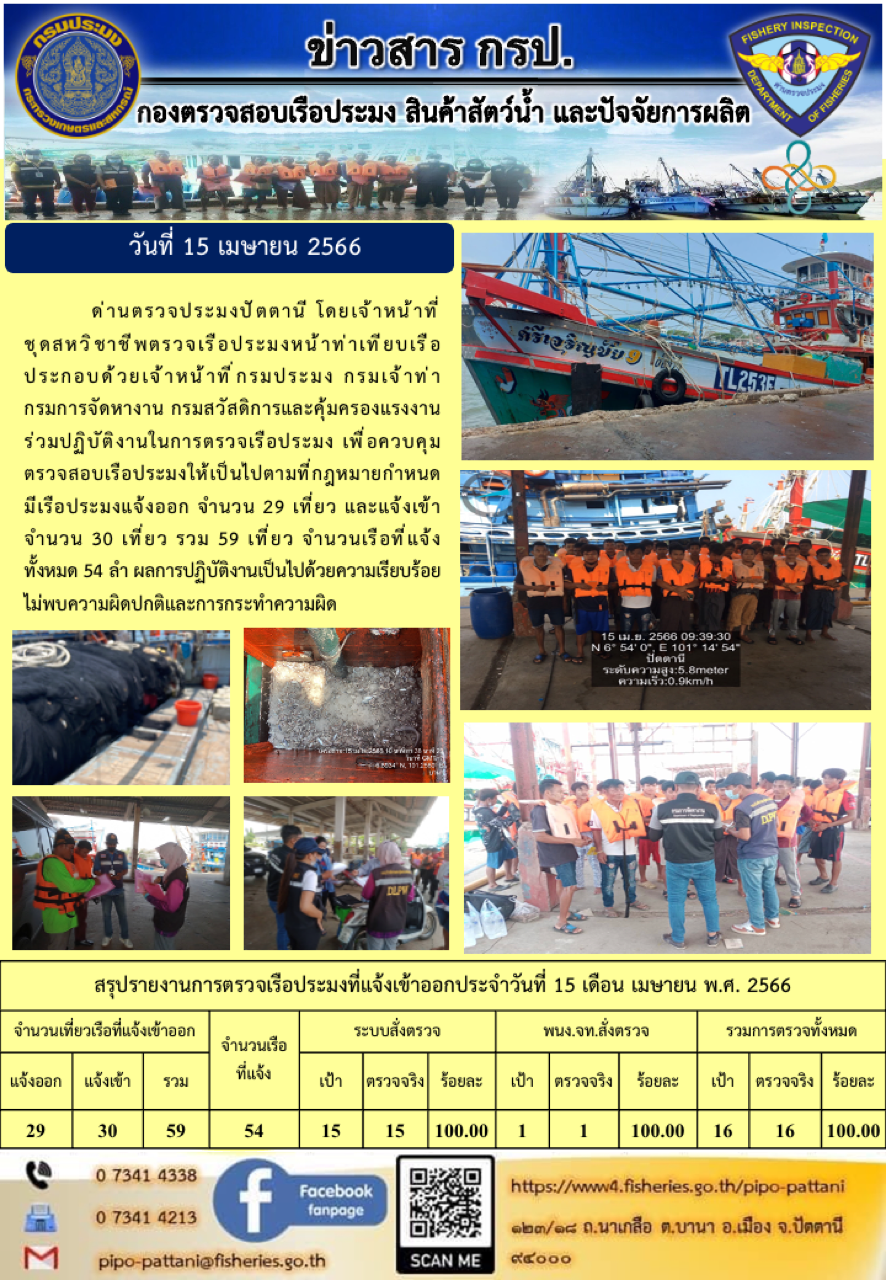 ข่าวสารการปฏิบัติงานด่านตรวจประมงปัตตานี  วันที่ 15 เมษายน 2566..คลิก
