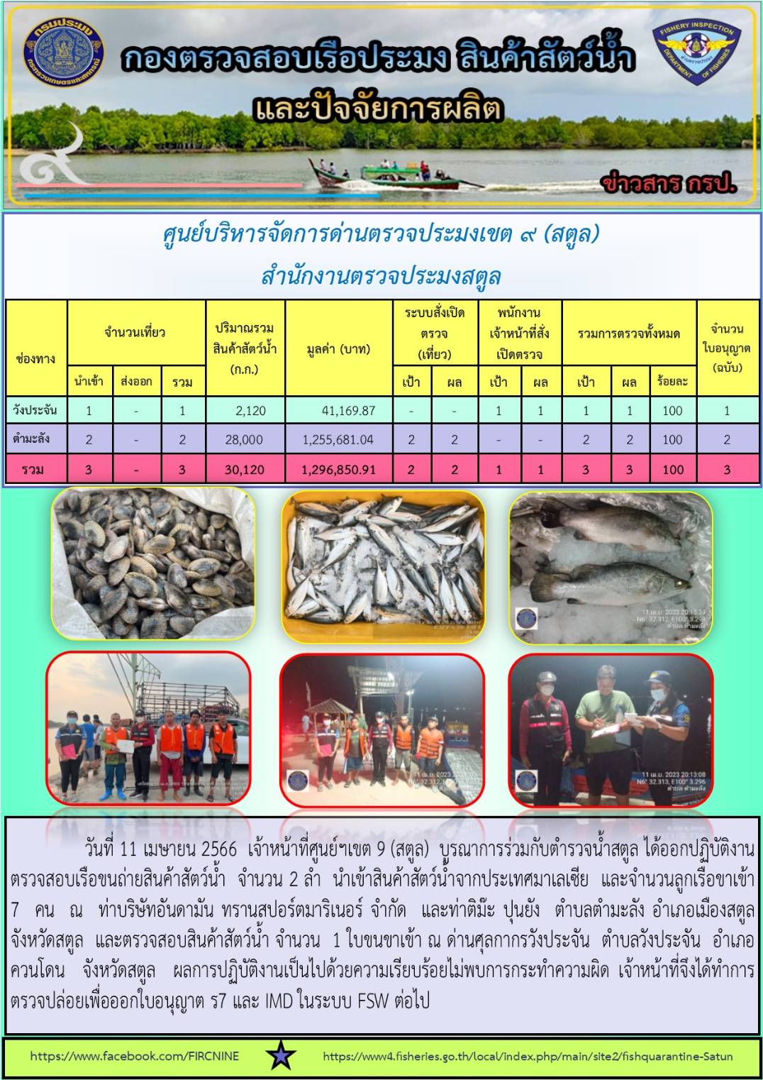 ประชาสัมพันธ์การปฏิบัติงานศูนย์บริหารจัดการด่านตรวจประมงเขต 9 (สตูล) ประจำวันที่ 11-15 เมษายน 2566..คลิก