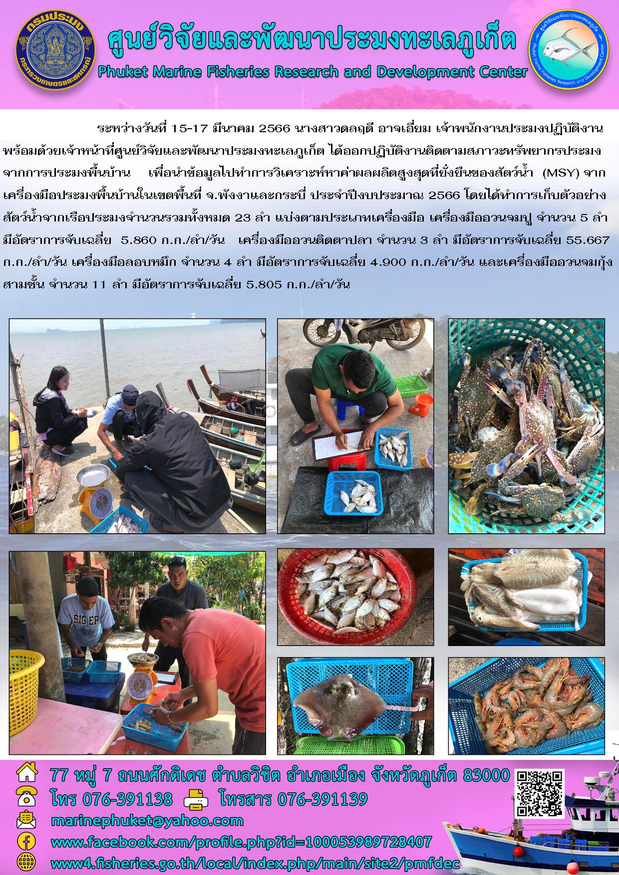 ระหว่างวันที่ 15-17 มีนาคม 2566 นางสาวดลฤดี อาจเอี่ยม เจ้าพนักงานประมงปฏิบัติงานพร้อมด้วยเจ้าหน้าที่ศูนย์วิจัยและพัฒนาประมงทะเลภูเก็ต ได้ออกปฏิบัติงานติดตามสภาวะทรัพยากรประมง จากการประมงพื้นบ้าน เพื่อทำการวิเคราะห์หาค่าผลผลิตสูงสุดที่ยั่งยืนของน้ำ (MSY) จากเครื่องมือประมงพื้นบ้านในเขตพื้นที่ จ.พังงาและกระบี่ ประจำปีงบประมาณ 2566 โดยได้ทำการเก็บตัวอย่างสัตว์น้ำจากเรือประมงจำนวนรวมทั้งหมด 23 ลำ แบ่งตามประเภทเครื่องมือ เครื่องมืออวนจมปู จำนวน 5 ลำ มีอัตราการจับเฉลี่ย 5.860 กก./ลำ/วัน เครื่องมืออวนติดตาปลา จำนวน 3 ลำ มีอัตราการจับเฉลี่ย 55.667 กก./ลำ/วัน เครื่องมือลอบหมึก จำนวน 4 ลำ มีอัตราการจับเฉลี่ย 4.900 กก./ลำ/วัน และเครื่องมืออวนจมกุ้งสามชั้น จำนวน 11 ลำ มีอัตราการจับเฉลี่ย 5.805 กก./ลำ/วัน..คลิก