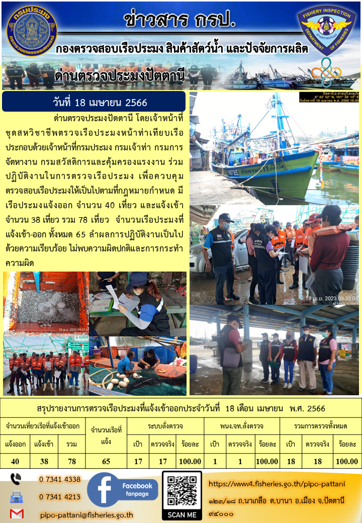 ข่าวสารการปฏิบัติงานด่านตรวจประมงปัตตานี  วันที่ 18 เมษายน 2566