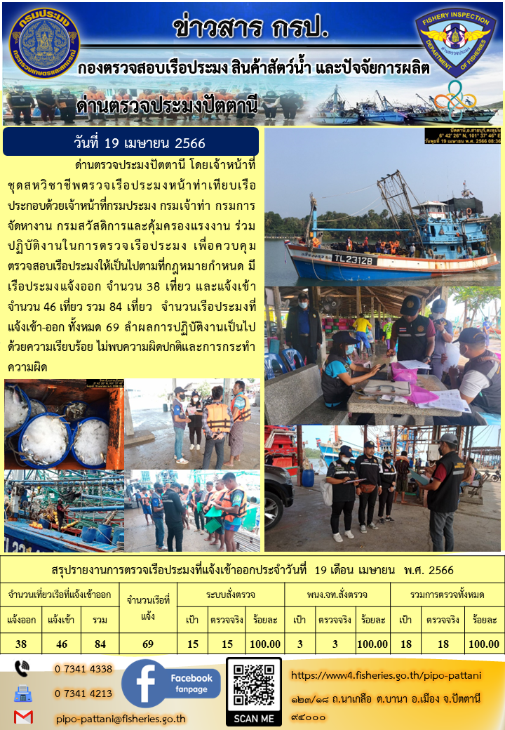 ข่าวสารการปฏิบัติงานด่านตรวจประมงปัตตานี  วันที่ 19 เมษายน 2566