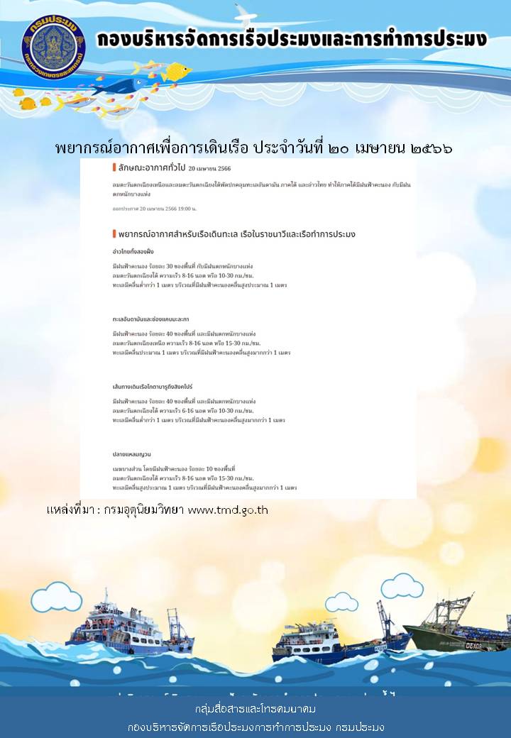 พยากรณ์อากาศเพื่อการเดินเรือ ประจำวันที่ 20 เมษายน 2566..คลิก
