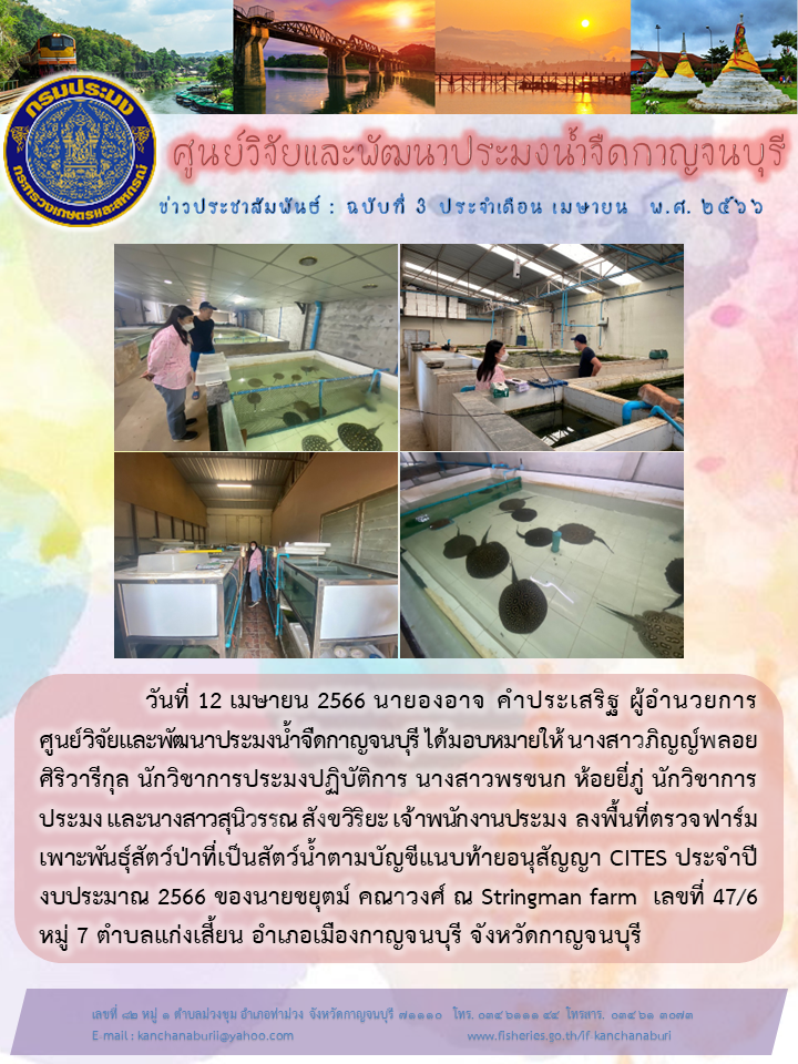 นางสาวภิญญ์พลอย ศฺิริวารีกุล นักวิชาการประมงปฏิบัติการ เละคณะ ลงพื้นที่ตรวจฟาร์มเพาะพันธุ์สัตว์ป่าที่เป็นสัตว์น้ำตามบัญชีแนบท้ายอนุสัญญา CITES ประจำปีงบประมาณ 2566..คลิก