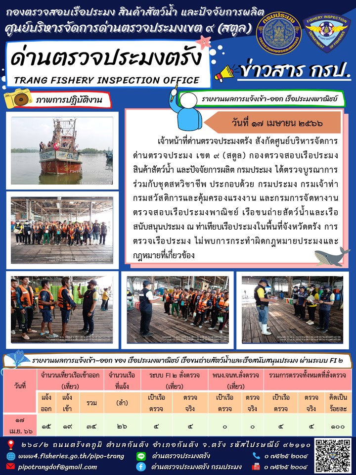 ประชาสัมพันธ์การปฏิบัติงานด่านตรวจประมงตรัง..คลิก