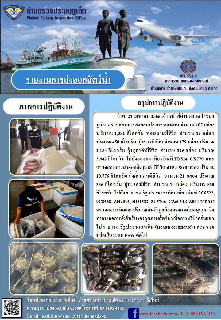 วันที่ 21 เมษายน 2566 เจ้าหน้าที่ด่านตรวจประมงภูเก็ต ตรวจสอบการส่งออกปลาทะเลแช่เย็น จำนวน 107 กล่อง ปริมาณ 1,391 กิโลกรัม หอยลายมีชีวิต จำนวน 15 กล่อง ปริมาณ 458 กิโลกรัม กุ้งขาวมีชีวิต จำนวน 179 กล่อง ปริมาณ 2,154 กิโลกรัม กุ้งกุลาดำมีชีวิต จำนวน 329 กล่อง ปริมาณ 3,942 กิโลกรัม ไปยังฮ่องกง เที่ยวบินที่ FD524, CX770 และตรวจสอบการส่งออกกุ้งกุลาดำชีวิต จำนวน 898 กล่อง ปริมาณ 10,776 กิโลกรัม กั้งตั๊กแตนมีชีวิต จำนวน 21 กล่อง ปริมาณ 336 กิโลกรัม ปูทะเลมีชีวิต จำนวน 10 กล่อง ปริมาณ 560 กิโลกรัม ไปยังสาธารณรัฐประชาชนจีน เที่ยวบินที่ 9C8522, 9C8668, ZH9016, HO1322, 3U3706, CZ6064, CZ544  จากการตรวจสอบชนิดและปริมาณสินค้าถูกต้องตามใบอนุญาต จึงทำการออกหนังสือรับรองสุขภาพสัตว์น้ำเพื่อการบริโภคส่งออกไปสาธารณรัฐประชาชนจีน (Health certificate) และตรวจปล่อยในระบบ FSW ต่อไป..คลิก