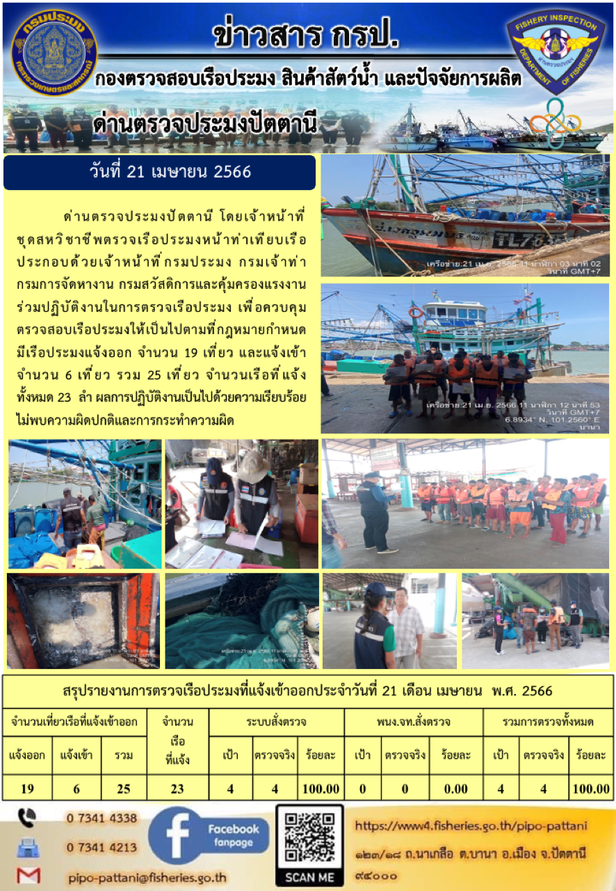ข่าวสารการปฏิบัติงาน ด่านตรวจประมงปัตตานี วันที่ 21 เมษายน 2566