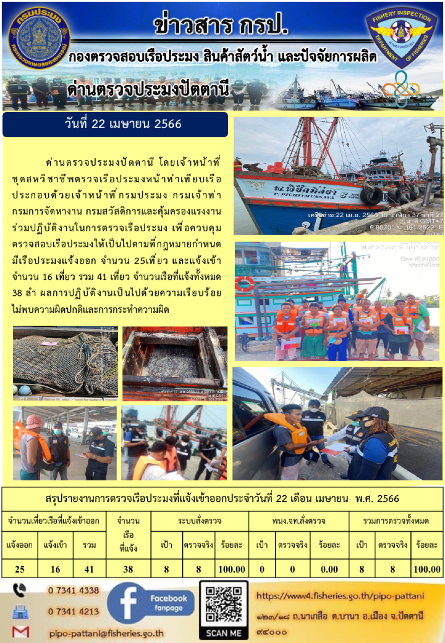 ข่าวสารการปฏิบัติงาน ด่านตรวจประมงปัตตานี วันที่ 22 เมษายน 2566