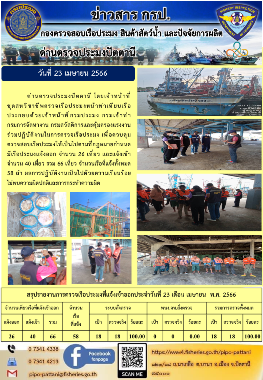 ข่าวสารการปฏิบัติงาน ด่านตรวจประมงปัตตานี วันที่ 23 เมษายน 2566..คลิก