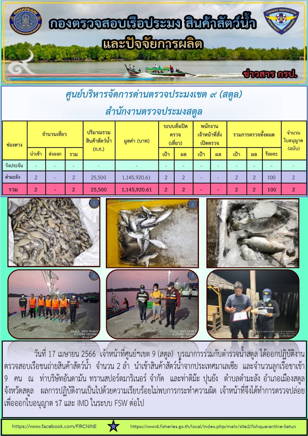 ประชาสัมพันธ์การปฏิบัติงานศูนย์บริหารจัดการด่านตรวจประมงเขต 9 (สตูล) ประจำวันที่ 16-20 เมษายน 2566..คลิก