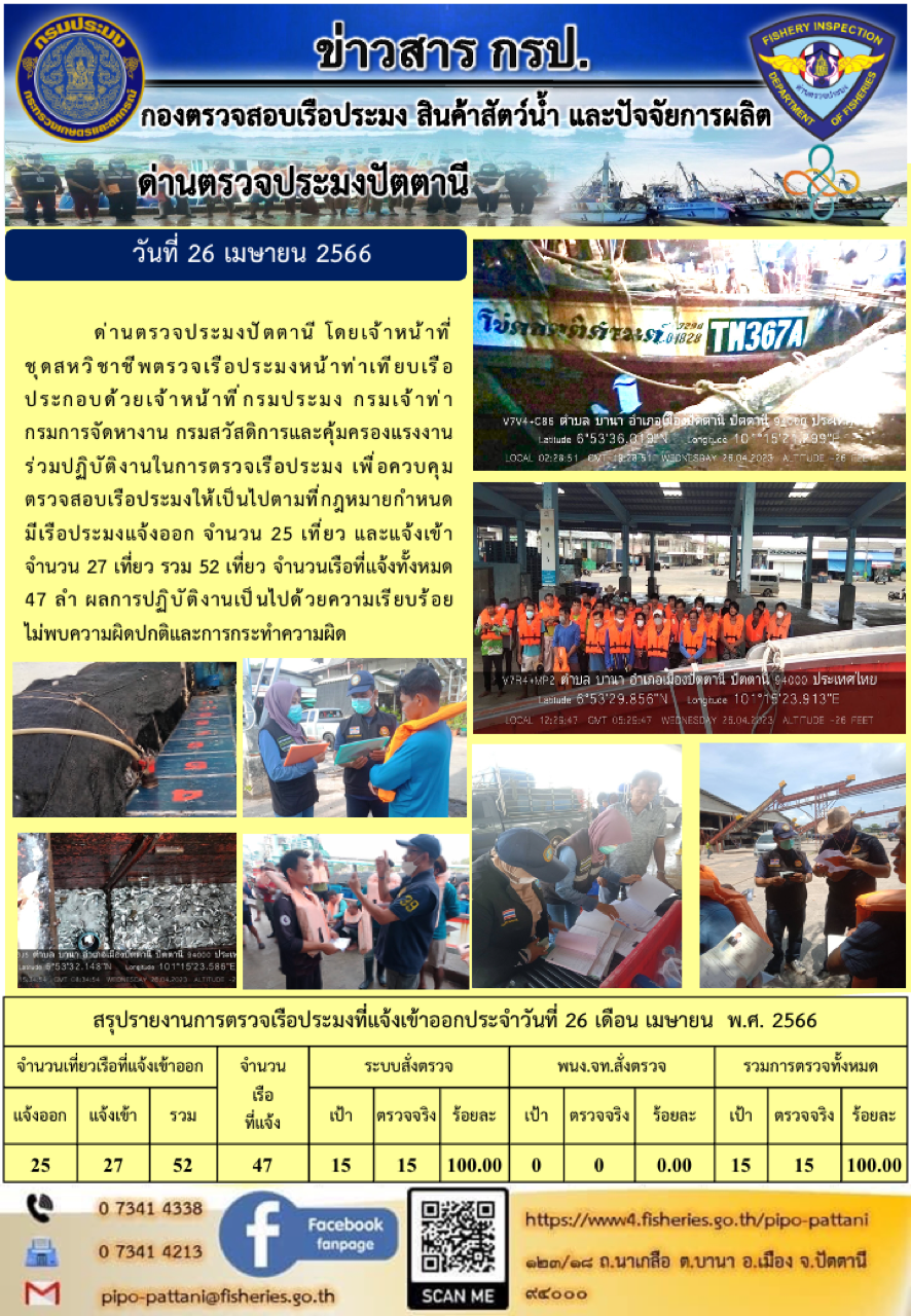 ข่าวสารการปฏิบัติงาน ด่านตรวจประมงปัตตานี วันที่ 26 เมษายน 2566