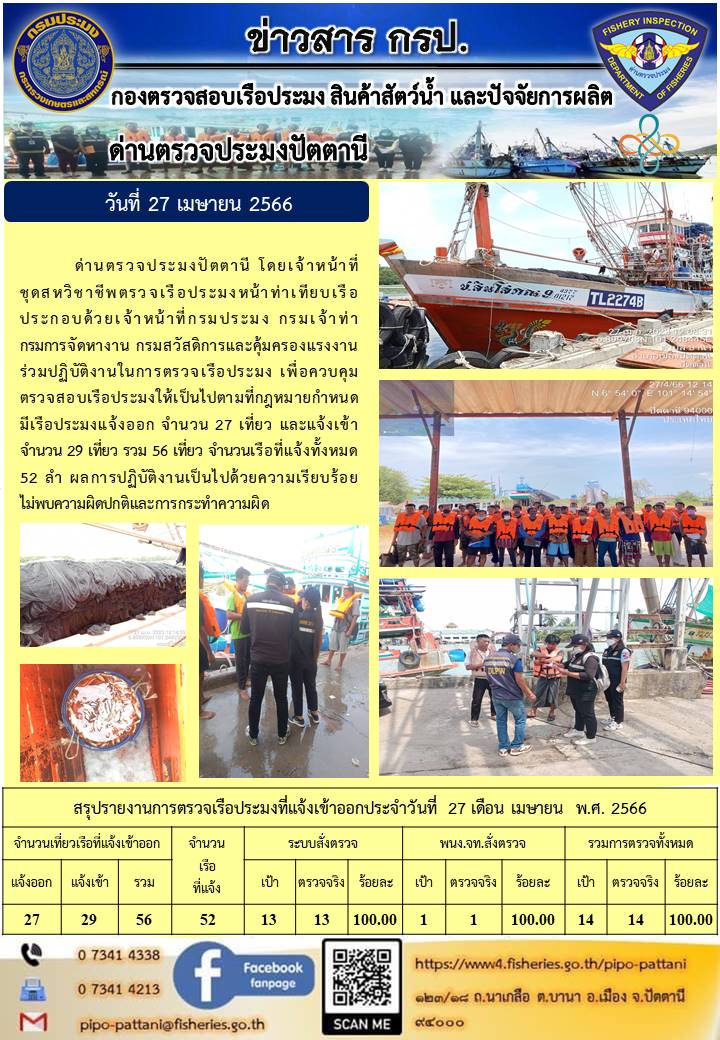ข่าวสารการปฏิบัติงาน ด่านตรวจประมงปัตตานี วันที่ 27 เมษายน 2566