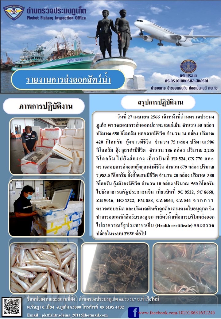 วันที่ 27 เมษายน 2566 เจ้าหน้าที่ด่านตรวจประมงภูเก็ต ตรวจสอบการส่งออกปลาทะเลแช่เย็น จำนวน 50 กล่อง ปริมาณ 650 กิโลกรัม หอยลายมีชีวิต จำนวน 14 กล่อง ปริมาณ 420 กิโลกรัม กุ้งขาวมีชีวิต จำนวน 75 กล่อง ปริมาณ 906 กิโลกรัม กุ้งกุลาดำมีชีวิต จำนวน 186 กล่อง ปริมาณ 2,238 กิโลกรัม ไปยังฮ่องกง เที่ยวบินที่ FD 524, CX 770 และตรวจสอบการส่งออกกุ้งกุลาดำมีชีวิตจำนวน 679 กล่อง  ปริมาณ 7,983.5 กิโลกรัม กั้งตั๊กแตนมีชีวิต จำนวน 20 กล่อง ปริมาณ 380 กิฌลกรัม  กุ้งมังกรมีชีวิต จำนวน 10 กล่อง ปริมาณ 560 กิโลกรัม ไปยังสาธารณรัฐประชนจีน เที่ยวบิน 9C 8522, 9C 8668, ZH 9016, HO 1322, FM 858, CZ 6064, CZ 544 จากการตรวจสอบชนิดและปริมาณสินค้าถูกต้องตรงตามใบอนุญาต จึงทำการออกหนังสือรับรองสุขภาพสัตว์น้ำเพื่อการบริโภคส่งออกไป สาธารณรัฐประชาชนจีน (Health certificate) และตรวจปล่อยในระบบ FSW ต่อไป..คลิก