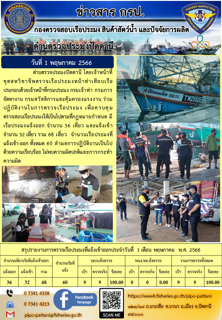 ข่าวสารการปฏิบัติงาน ด่านตรวจประมงปัตตานี วันที่ 1 พฤษภาคม 2566