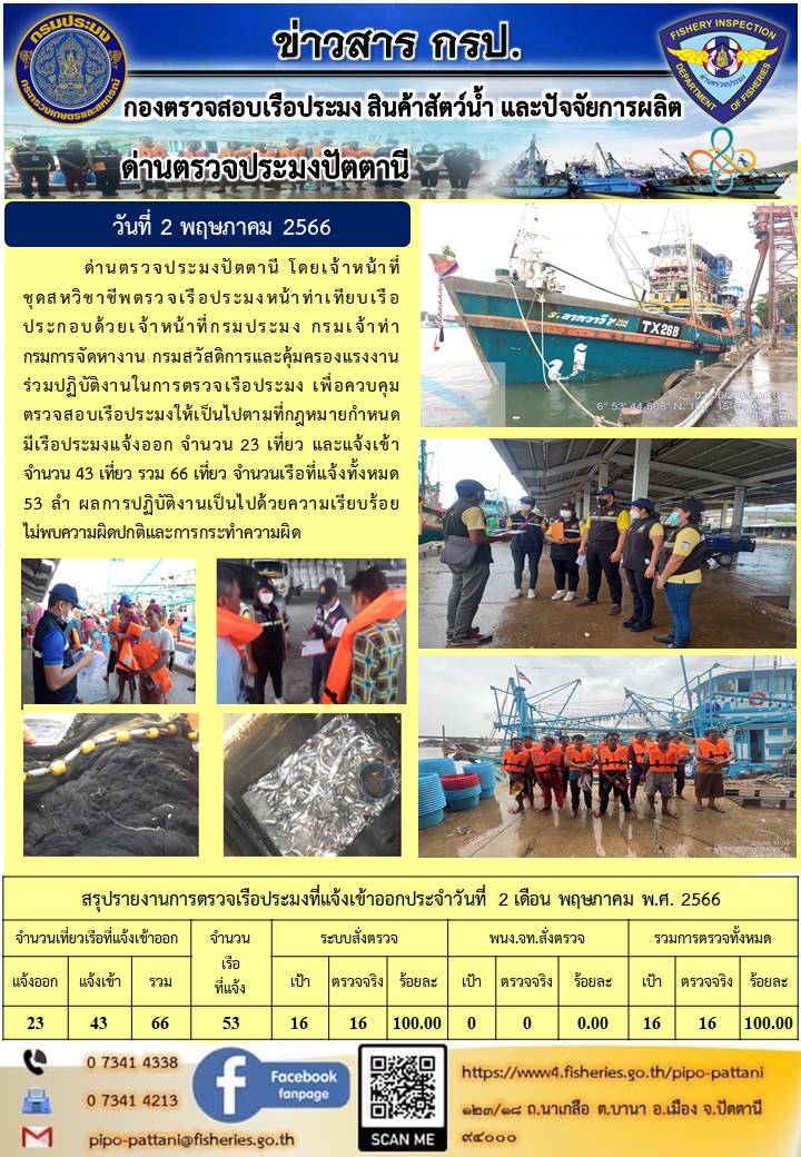 ข่าวสารการปฏิบัติงาน ด่านตรวจประมงปัตตานี วันที่ 2 พฤษภาคม 2566