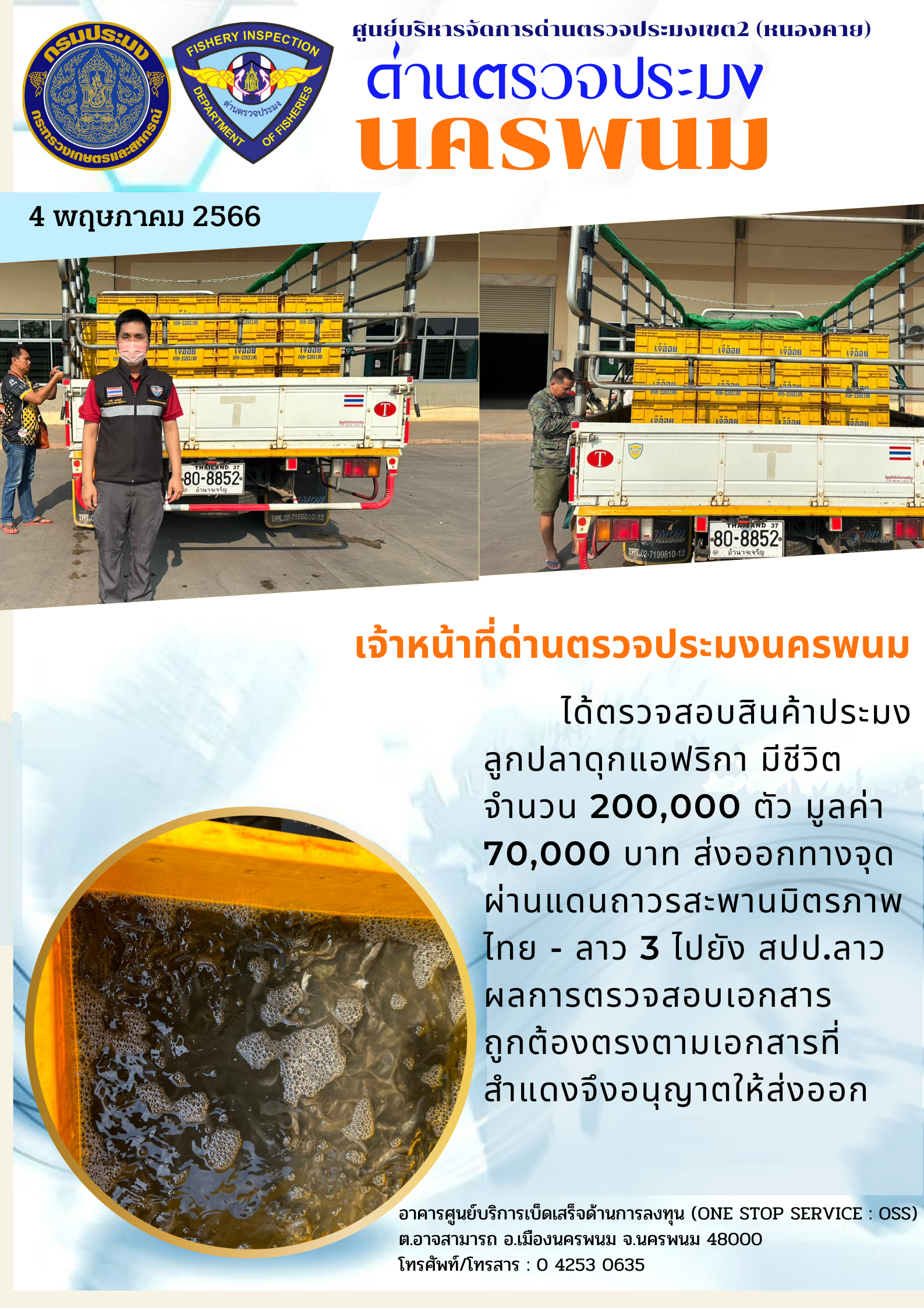 ข่าวกิจกรรมการดำเนินงาน : วันที่ 4 พฤษภาคม 2566 เจ้าหน้าที่ด่านตรวจประมงนครพนม ได้ตรวจสอบสินค้าประมง ลูกปลาดุกแอฟริกา มีชีวิต จำนวน 200,000 ตัว  ส่งออกทางจุดผ่านแดนถาวรสะพานมิตรภาพ ไทย - ลาว 3 ไปยัง สปป.ลาว..คลิก