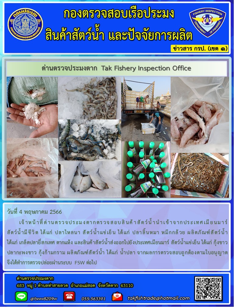 วันที่ 4 พฤษภาคม 2566           เจ้าหน้าที่ด่านตรวจประมงตากตรวจสอบสินค้าสัตว์น้ำนำเข้าจากประเทศเมียนมาร์สัตว์น้ำมีชีวิต ได้แก่ ปลาไหลนา สัตว์น้ำแช่เย็น ได้แก่ ปลาลิ้นหมา หมึกกล้วย ผลิตภัณฑ์สัตว์น้ำ ได้แก่ เกล็ดปลายี่สกเทศ ตากแห้ง และสินค้าสัตว์น้ำส่งออกไปยังประเทศเมียนมาร์ สัตว์น้ำแช่เย็น ได้แก่ กุ้งขาว ปลากะพงขาว กุ้งก้ามกราม ผลิตภัณฑ์สัตว์น้ำ ได้แก่ น้ำปลา จากผลการตรวจสอบถูกต้องตามใบอนุญาต  จึงได้ทำการตรวจปล่อยผ่านระบบ FSW ต่อไป..คลิก