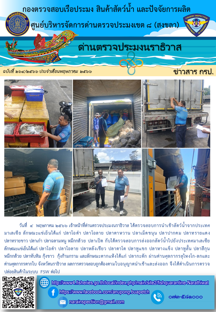 ประชาสัมพันธ์ด่านตรวจประมงนราธิวาส ประจำวันที่  4 พฤษภาคม 2566..คลิก
