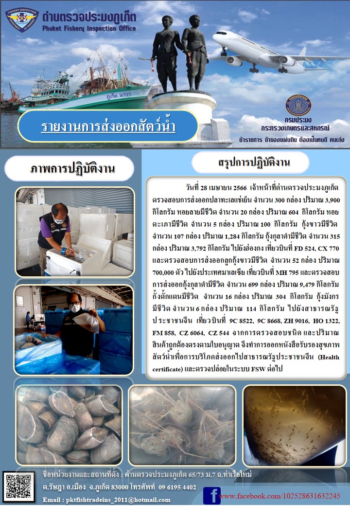 วันที่ 28 เมษายน 2566 เจ้าหน้าที่ด่านตรวจประมงภูเก็ต ตรวจสอบการส่งออกปลาทะเลแช่เย็น จำนวน 300 กล่อง ปริมาณ 3,900 กิโลกรัม หอยลายมีชีวิต จำนวน 20 กล่อง ปริมาณ 604 กิโลกรัม หอยตะเภามีชีวิต จำนวน 5 กล่อง ปริมาณ 100 กิโลกรัม กุ้งขาวมีชีวิต จำนวน 107 กล่อง ปริมาณ 1,284 กิโลกรัม กุ้งกุลาดำมีชีวิต จำนวน 315 กล่อง ปริมาณ 3,792 กิโลกรัม ไปยังฮ่องกง เที่ยวบินที่ FD 524, CX 770 และตรวจสอบการส่งออกลูกกุ้งขาวมีชีวิตจำนวน 52 กล่อง  ปริมาณ 700,000 ตัว ไปยังประเทศมาเลเซีย เที่ยวบินที่ MH795 และตรวจสอบการส่งออกกุ้งกุลาดำมีชีวิต จำนวน 699 กล่อง ปริมาณ 9,479 กิโลกรัม กั้งตั๊กแตนมีชีวิต จำนวน 16 กล่อง ปริมาณ 304 กิโลกรัม กุ้งมังกรมีชีวิต จำนวน 6 กล่อง ปริมาณ 114 กิโลกรัม ไปยังสาธารณรัฐประชนจีน เที่ยวบิน 9C 8522, 9C 8668, ZH 9016, HO 1322, FM 858, CZ 6064, CZ 544 จากการตรวจสอบชนิดและปริมาณสินค้าถูกต้องตรงตามใบอนุญาต จึงทำการออกหนังสือรับรองสุขภาพสัตว์น้ำเพื่อการบริโภคส่งออกไป สาธารณรัฐประชาชนจีน (Health certificate) และตรวจปล่อยในระบบ FSW ต่อไป..คลิก