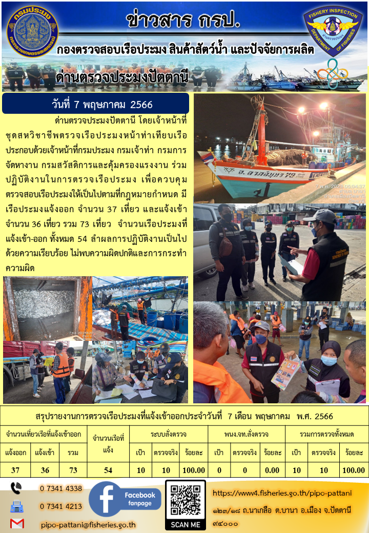 ข่าวสารการปฏิบัติงาน ด่านตรวจประมงปัตตานี วันที่ 7 พฤษภาคม 2566..คลิก