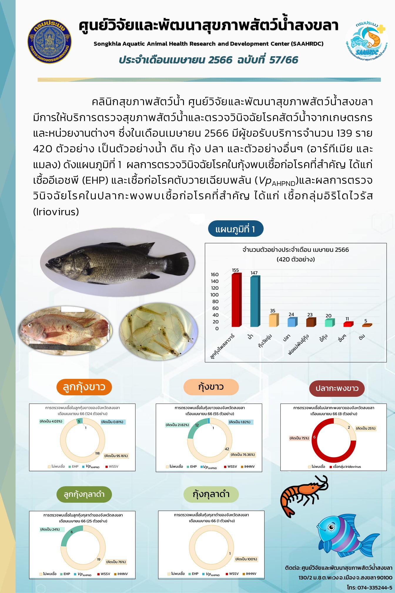 ฉบับที่ 57/66 ศูนย์วิจัยและพัฒนาสุขภาพสัตว์น้ำสงขลา มีการให้บริการตรวจสุขภาพสัตว์น้ำและตรวจวินิจฉัยโรคสัตว์น้ำ ในเดือนเมษายน 2566 มีผู้ขอรับบริการจำนวน 139 ราย 420 ตัวอย่าง..คลิก
