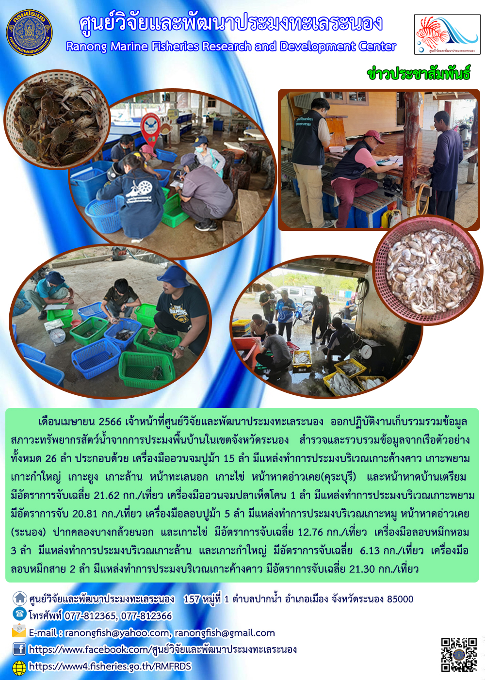เดือนเมษายน 2566 เจ้าหน้าที่ศูนย์วิจัยและพัฒนาประมงทะเลระนอง ออกปฏิบัติงานเก็บรวบรวมข้อมูลสภาวะทรัพยากรสัตว์น้ำจากการประมงพื้นบ้านในเขตจังหวัดระนอง สำรวจและรวบรวมข้อมูลจากเรือตัวอย่างทั้งหมด 26 ลำ ประกอบด้วย เครื่องมืออวนจมปูม้า 15 ลำ มีแหล่งทำการประมงบริเวณเกาะค้างคาว เกาะพยาม เกาะกำใหญ่ เกาะยูง เกาะล้าน หน้าทะเลนอก เกาะไข่ หน้าหาดอ่าวเคย(คุระบุรี) และหน้าหาดบ้านเตรียม มีอัตราการจับเฉลี่ย 21.62 กก./เที่ยว เครื่องมืออวนจมปลาเห็ดโคน 1 ลำ มีแหล่งทำการประมงบริเวณเกาะพยามมีอัตราการจับ 20.81 กก./เที่ยว เครื่องมือลอบปูม้า 5 ลำ แหล่งทำการประมงบริเวณเกาะหมู่ หน้าหาดอ่าวเคย (ระนอง) ปากคลองบางกล้วยนอก และเกาะไข่ มีอัตราการจับเฉลี่ย 12.76 กก./เที่ยว เครื่องมือลอบหมึกหอม 3 ลำ มีแหล่งทำการประมงบริเวณเกาะล้าน และเกาะกำใหญ่ มีอัตราเฉลี่ย 6.13 กก./เที่ยว เครื่องมือลอบหมึกสาย 2 ลำ มีแหล่งทำการประมงบริเวณเกาะค้างคาว มีอัตราการจับเฉลี่ย 21.30 กก./เที่ยว..คลิก