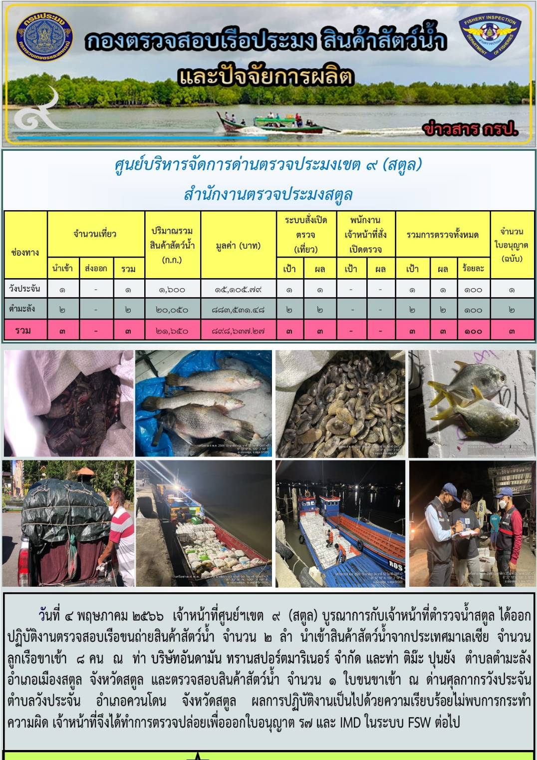 ประชาสัมพันธ์การปฏิบัติงานศูนย์บริหารจัดการด่านตรวจประมงเขต 9(สตูล) ประจำวันที่ 1-5 พฤษภาคม 2566..คลิก