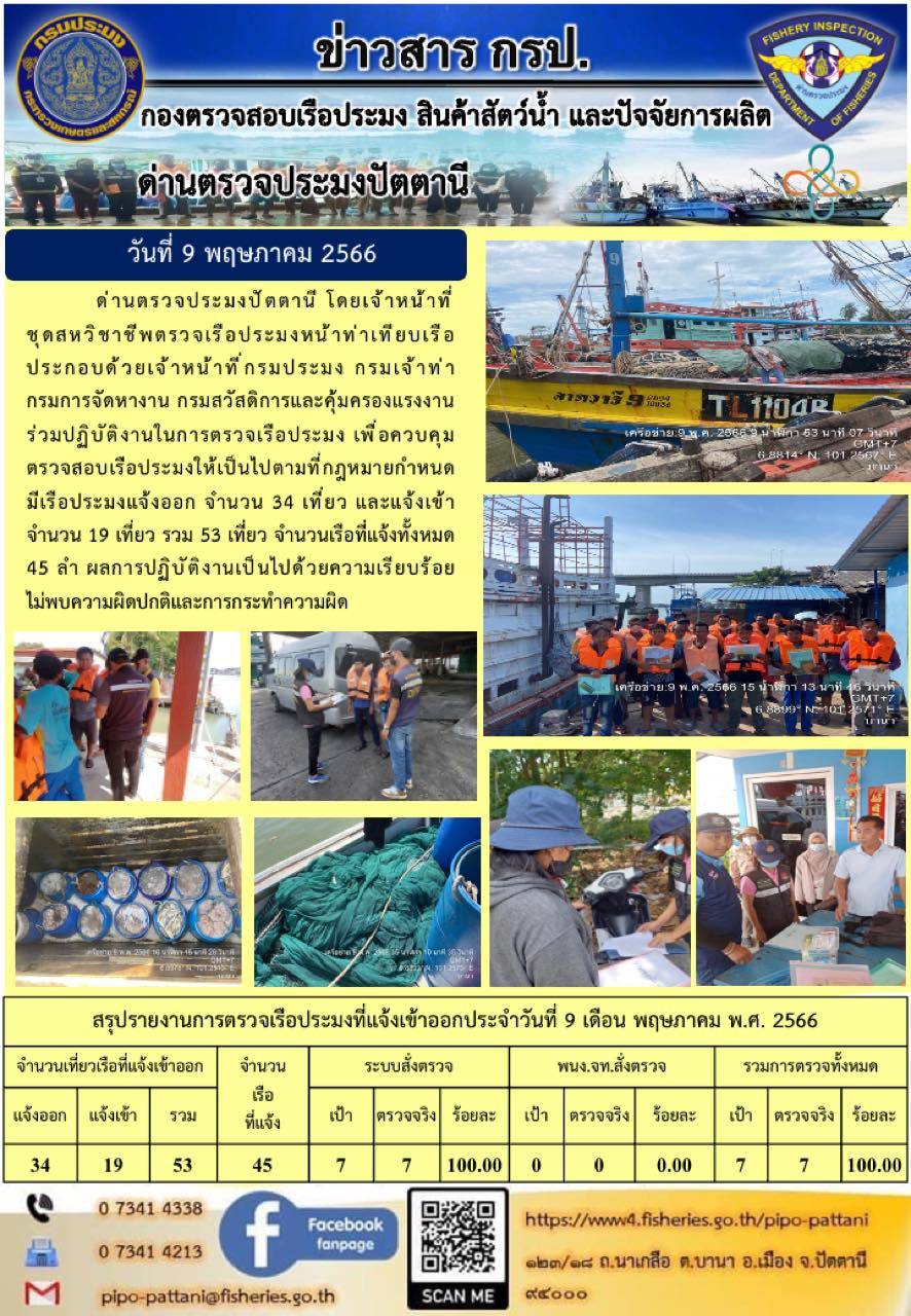 ข่าวสารการปฏิบัติงาน ด่านตรวจประมงปัตตานี วันที่ 9 พฤษภาคม 2566..คลิก