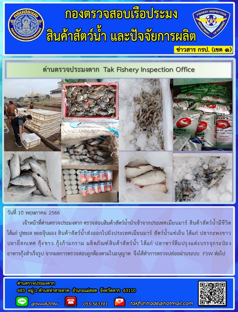 วันที่ 10 พฤษภาคม 2566           เจ้าหน้าที่ด่านตรวจประมงตาก ตรวจสอบสินค้าสัตว์น้ำนำเข้าจากประเทศเมียนมาร์ สินค้าสัตว์น้ำมีชีวิต ได้แก่ ปูทะเล หอยจุ๊บแจง สินค้าสัตว์น้ำส่งออกไปยังประเทศเมียนมาร์ สัตว์น้ำแช่เย็น ได้แก่ ปลากะพงขาว ปลายี่สกเทศ กุ้งขาว กุ้งก้ามกราม ผลิตภัณฑ์สินค้าสัตว์น้ำ ได้แก่ ปลาซาร์ดีนปรุงแต่งบรรจุกระป๋อง อาหารกุ้งสำเร็จรูป จากผลการตรวจสอบถูกต้องตามใบอนุญาต จึงได้ทำการตรวจปล่อยผ่านระบบ FSW ต่อไป..คลิก