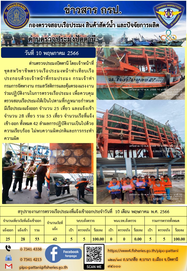 ข่าวสารการปฏิบัติงาน ด่านตรวจประมงปัตตานี วันที่ 10 พฤษภาคม 2566..คลิก