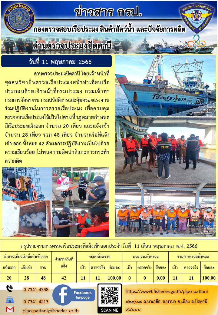 ข่าวสารการปฏิบัติงาน ด่านตรวจประมงปัตตานี วันที่ 11 พฤษภาคม 2566..คลิก