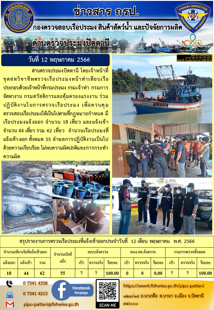 ข่าวสารการปฏิบัติงาน ด่านตรวจประมงปัตตานี วันที่ 12 พฤษภาคม 2566..คลิก
