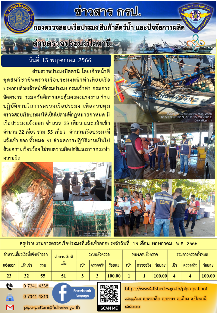ข่าวสารการปฏิบัติงาน ด่านตรวจประมงปัตตานี วันที่ 13 พฤษภาคม 2566..คลิก